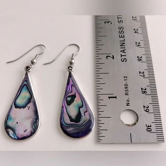 🎉Vintage Alpaca Silver Abalone Tear Drop Dangle Earrings - Picture 3 of 5